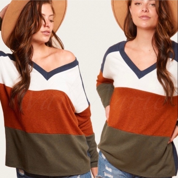 NEW Haptics by Holly Harper color block long sleeve v-neck sweater - Picture 2 of 3
